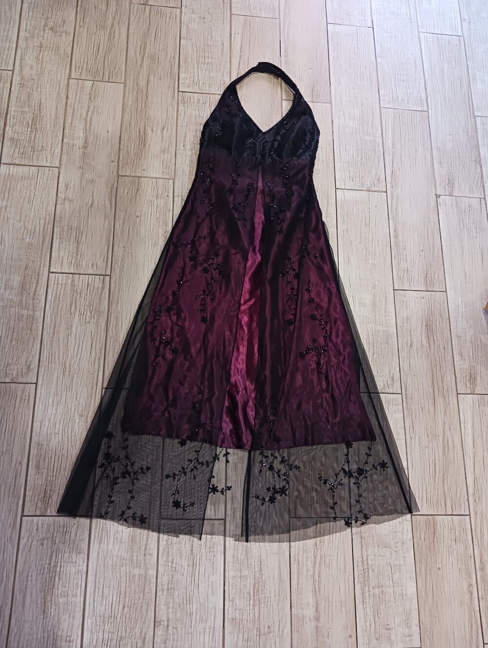 Morgan and Co Goth Black & Purple Beaded Halter Balck Mesh Overlay Formal Dress